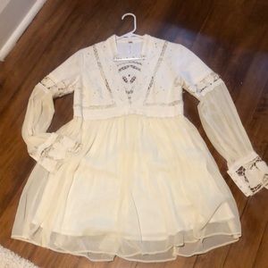 Bohemian Lace Trim Cream Peasant Dress